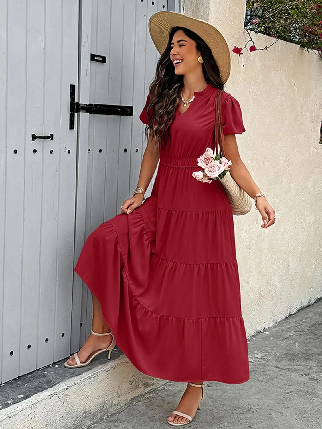 ECOWISH Womens Midi Dress Short Sleeve V Neck Button Front Casual Flowy A-Line Shirt Dresses with Pockets for Summer Spring