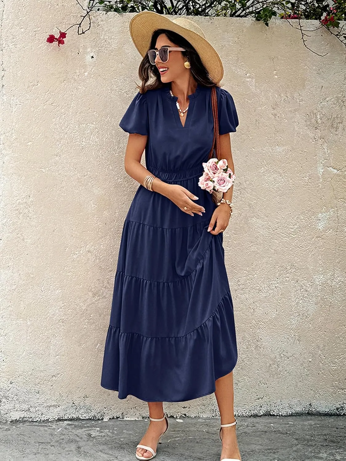 ECOWISH Womens Midi Dress Short Sleeve V Neck Button Front Casual Flowy A-Line Shirt Dresses with Pockets for Summer Spring