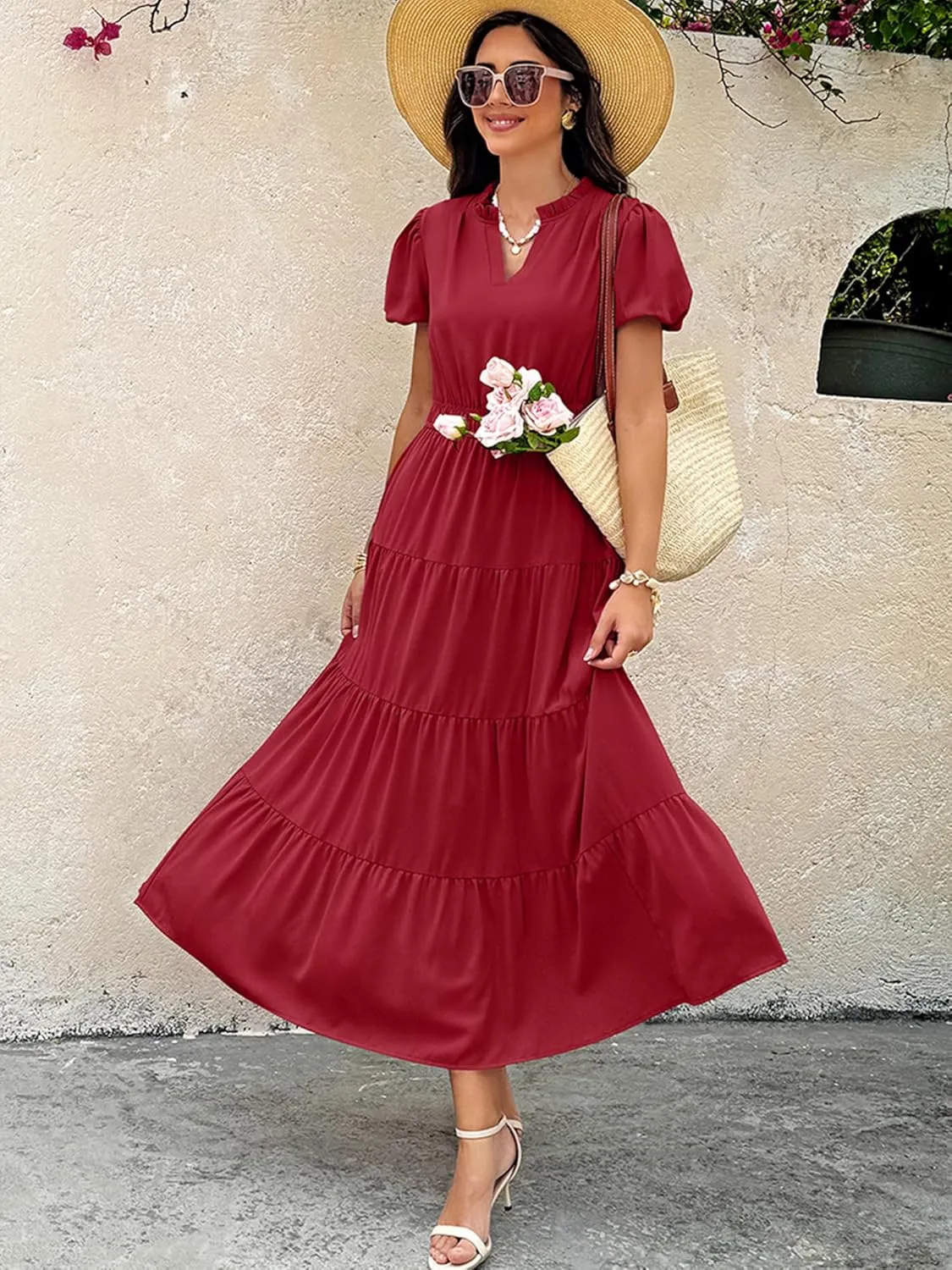 ECOWISH Womens Midi Dress Short Sleeve V Neck Button Front Casual Flowy A-Line Shirt Dresses with Pockets for Summer Spring