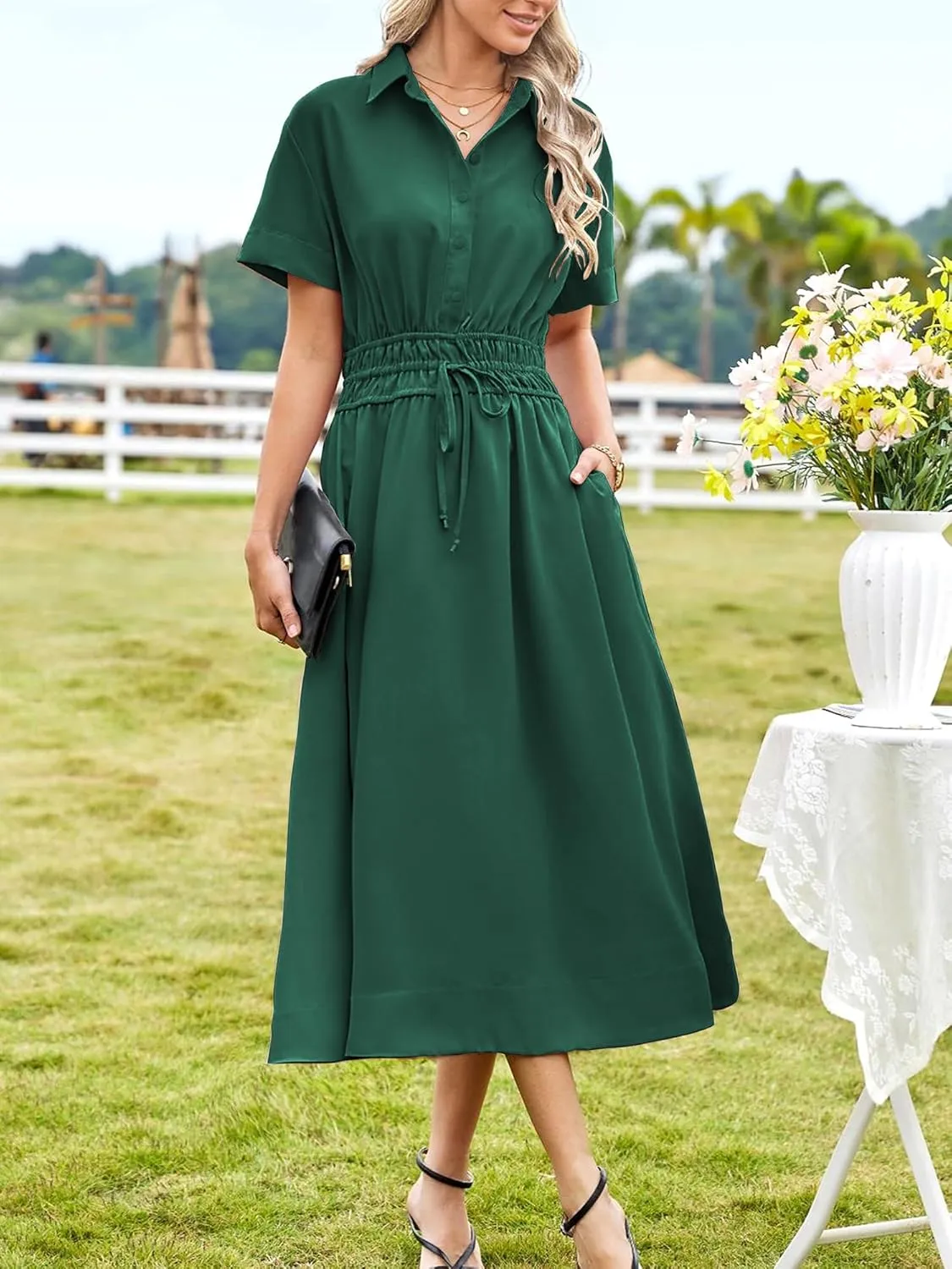 ECOWISH Womens Midi Dress Short Sleeve V Neck Button Front Casual Flowy A-Line Shirt Dresses with Pockets for Summer Spring