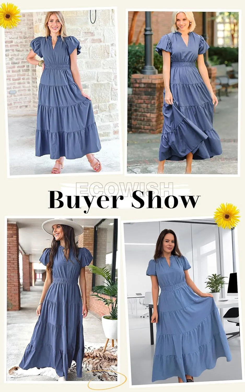 ECOWISH Womens Midi Dress Short Sleeve V Neck Button Front Casual Flowy A-Line Shirt Dresses with Pockets for Summer Spring