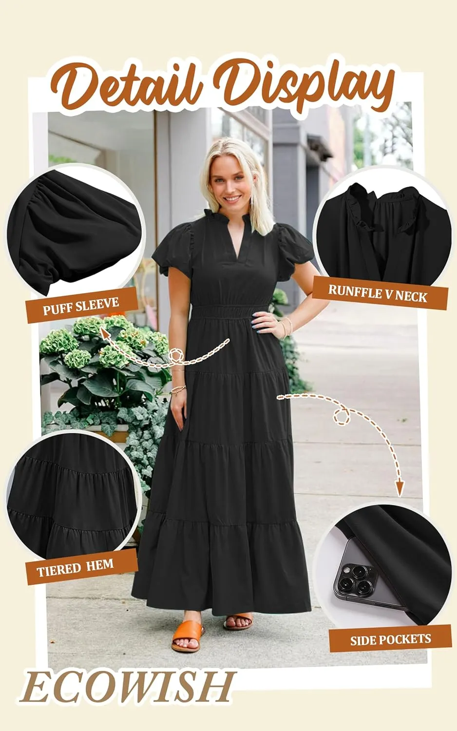 ECOWISH Womens Midi Dress Short Sleeve V Neck Button Front Casual Flowy A-Line Shirt Dresses with Pockets for Summer Spring