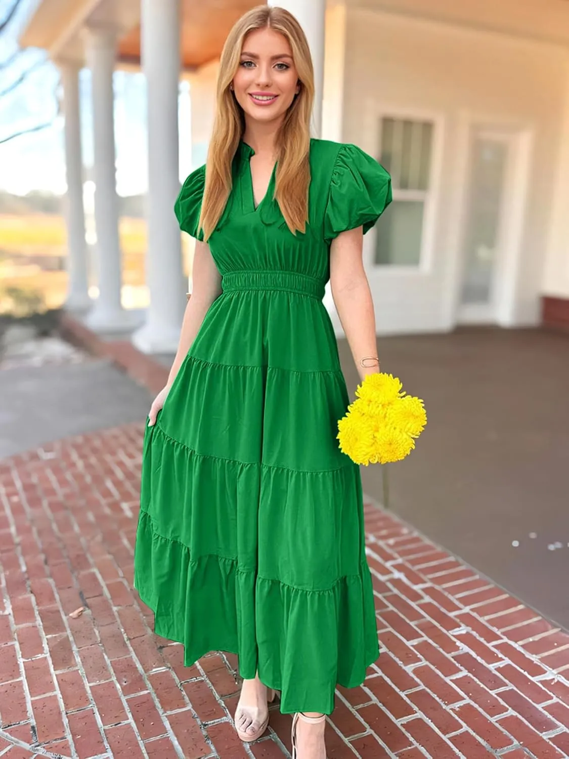 ECOWISH Womens Midi Dress Summer Spring Short Sleeve Button Front Casual A Line Maxi Shirt Dresses with V Neck Pockets 2025