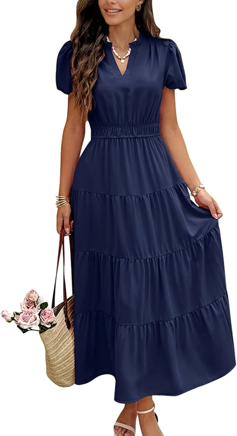 ECOWISH Womens Midi Dress Summer Spring Short Sleeve Button Front Casual A Line Maxi Shirt Dresses with V Neck Pockets 2025