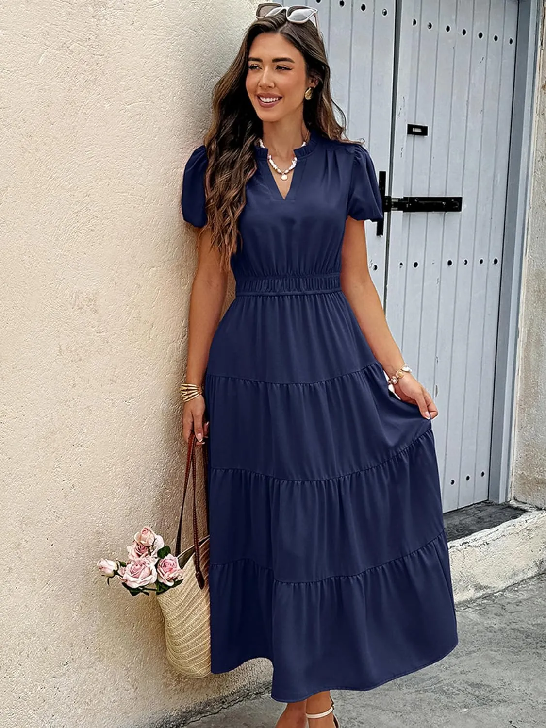 ECOWISH Womens Midi Dress Summer Spring Short Sleeve Button Front Casual A Line Maxi Shirt Dresses with V Neck Pockets 2025