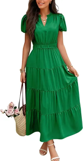 ECOWISH Womens Midi Dress Summer Spring Short Sleeve Button Front Casual A Line Maxi Shirt Dresses with V Neck Pockets 2025