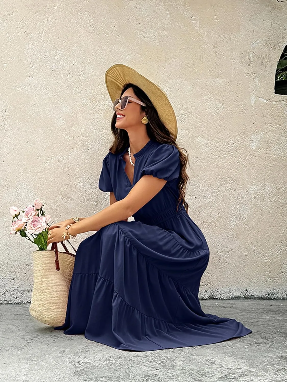 ECOWISH Womens Midi Dress Summer Spring Short Sleeve Button Front Casual A Line Maxi Shirt Dresses with V Neck Pockets 2025