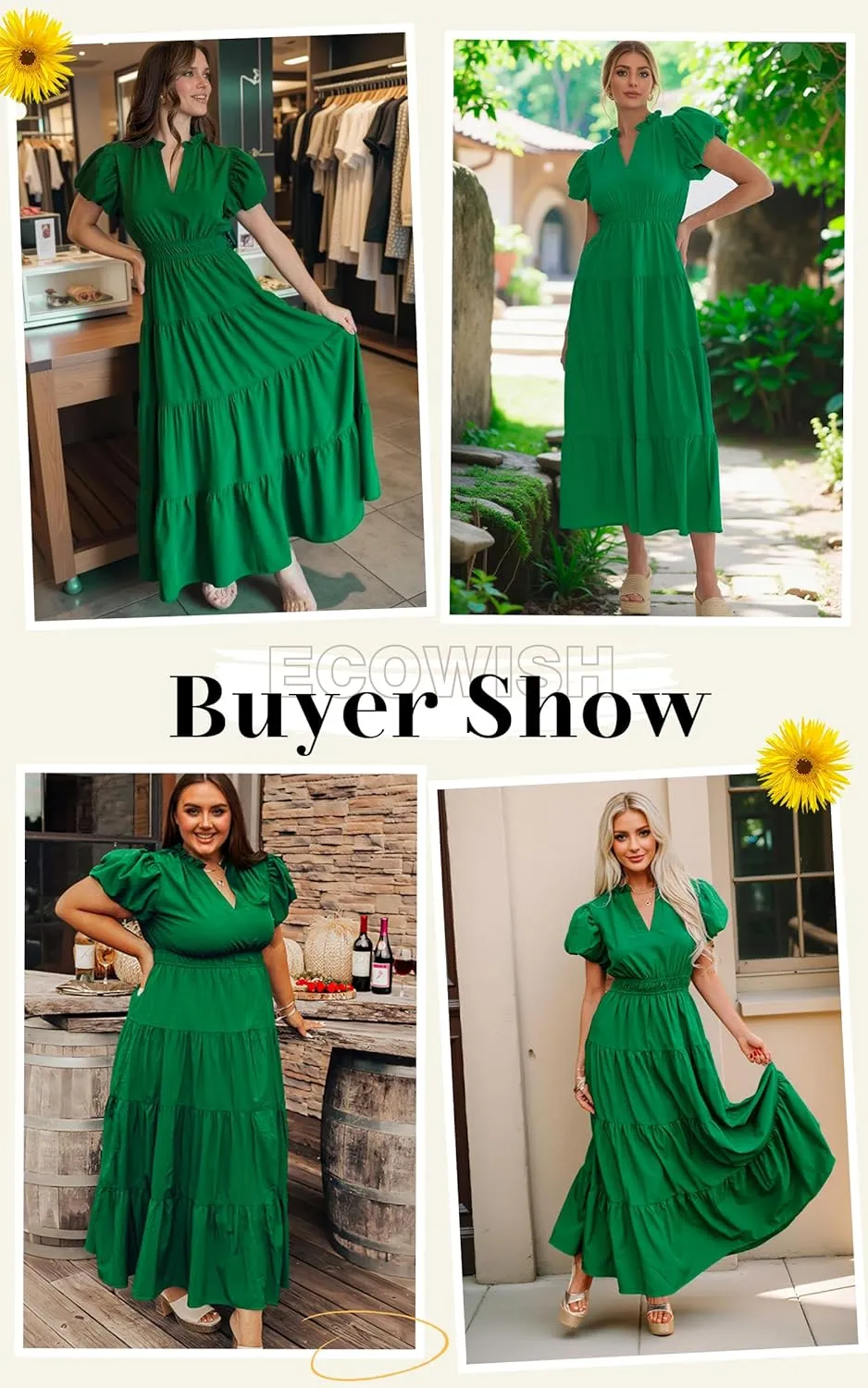 ECOWISH Womens Midi Dress Summer Spring Short Sleeve Button Front Casual A Line Maxi Shirt Dresses with V Neck Pockets 2025