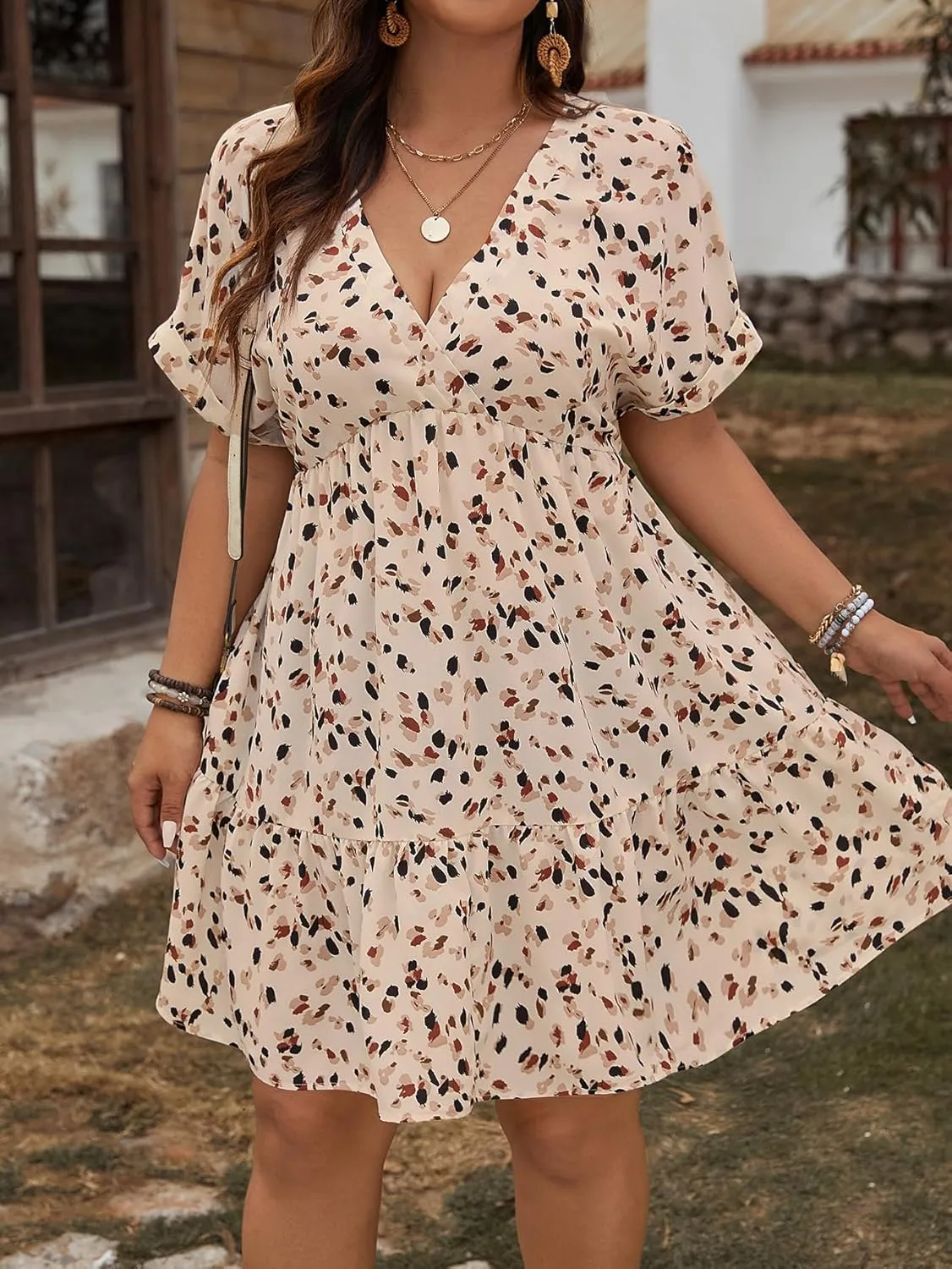 Floerns Women's Plus Size Wrap V Neck Short Sleeve Ruffle Hem A Line Short Dress
