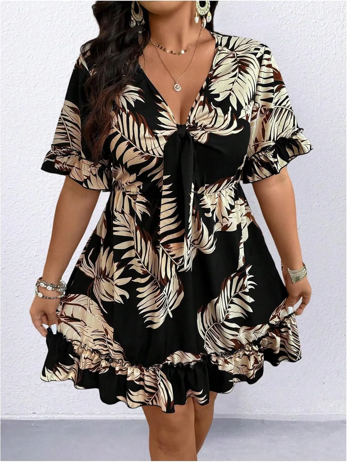 Floerns Women's Plus Size Wrap V Neck Short Sleeve Ruffle Hem A Line Short Dress