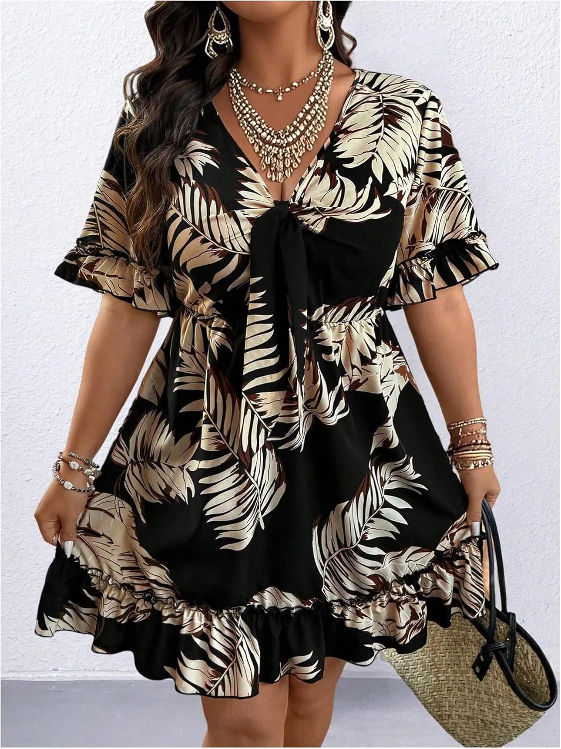 Floerns Women's Plus Size Wrap V Neck Short Sleeve Ruffle Hem A Line Short Dress