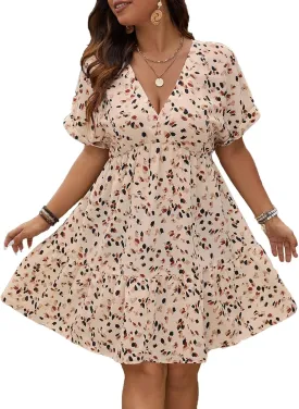 Floerns Women's Plus Size Wrap V Neck Short Sleeve Ruffle Hem A Line Short Dress