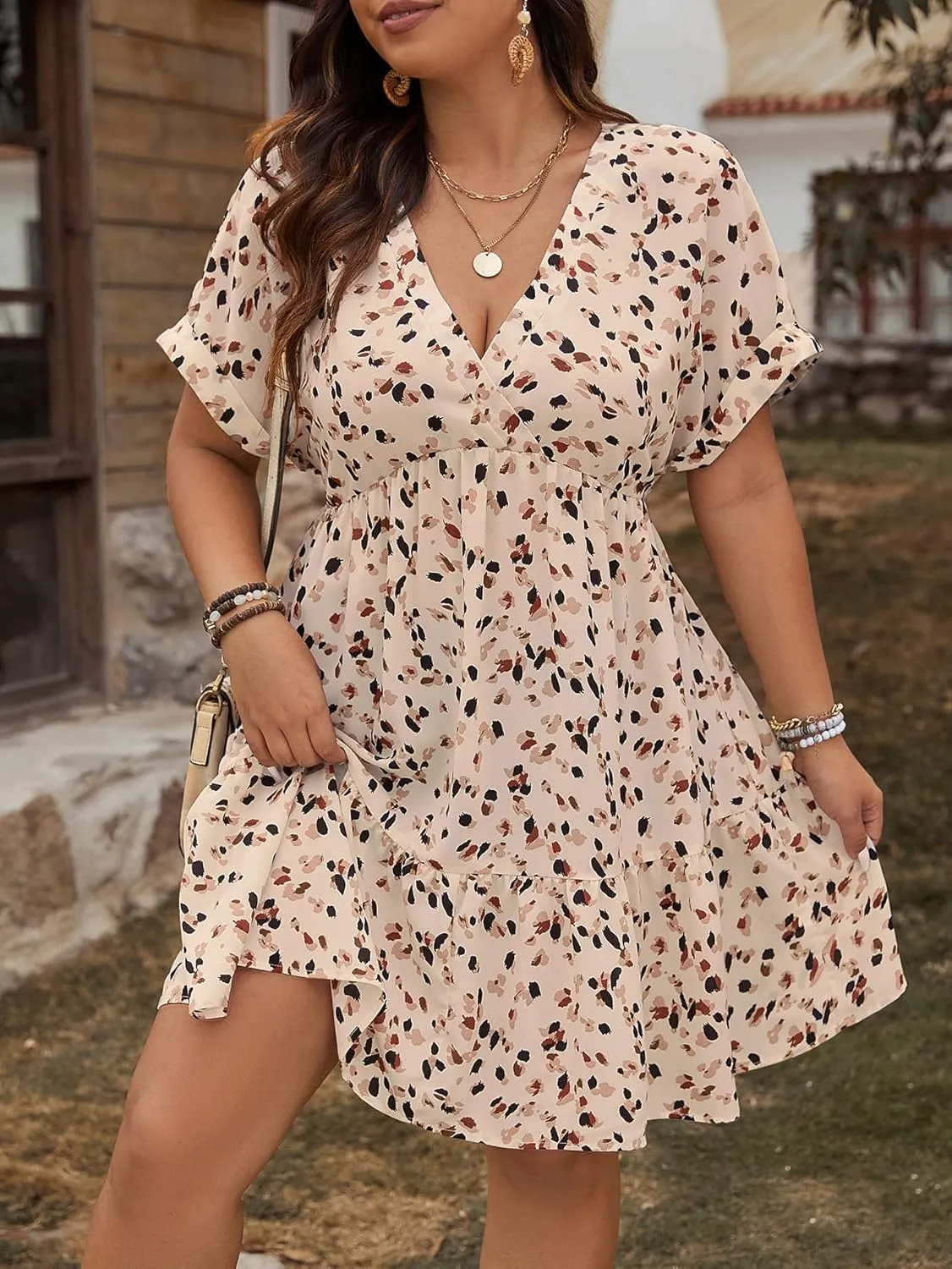 Floerns Women's Plus Size Wrap V Neck Short Sleeve Ruffle Hem A Line Short Dress