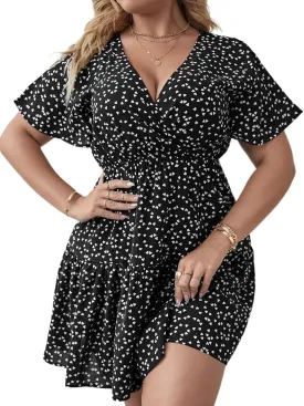 Floerns Women's Plus Size Wrap V Neck Short Sleeve Ruffle Hem A Line Short Dress