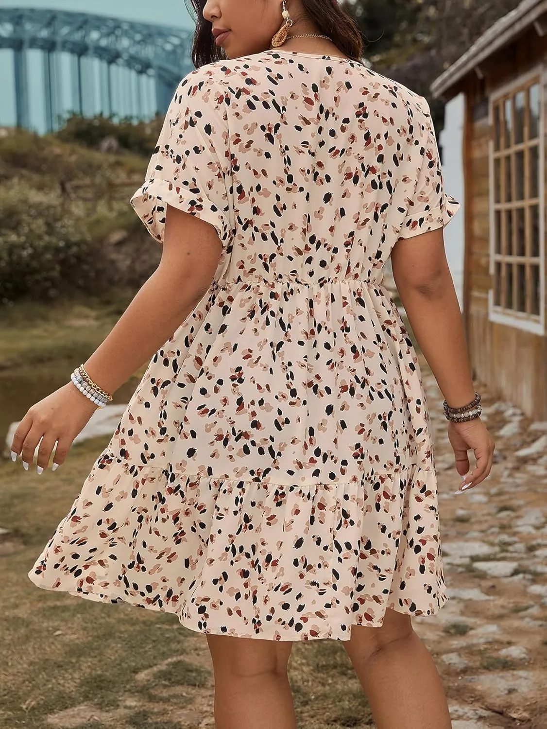 Floerns Women's Plus Size Wrap V Neck Short Sleeve Ruffle Hem A Line Short Dress
