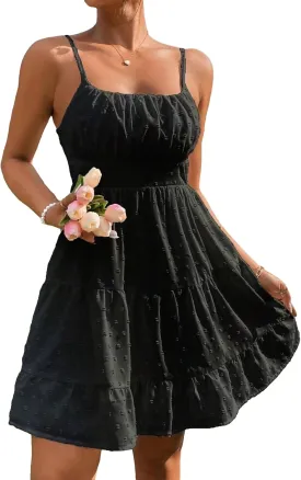 Floerns Women's Swiss Dots Sleeveless Ruched Bust Ruffle Hem Cami Short Dress
