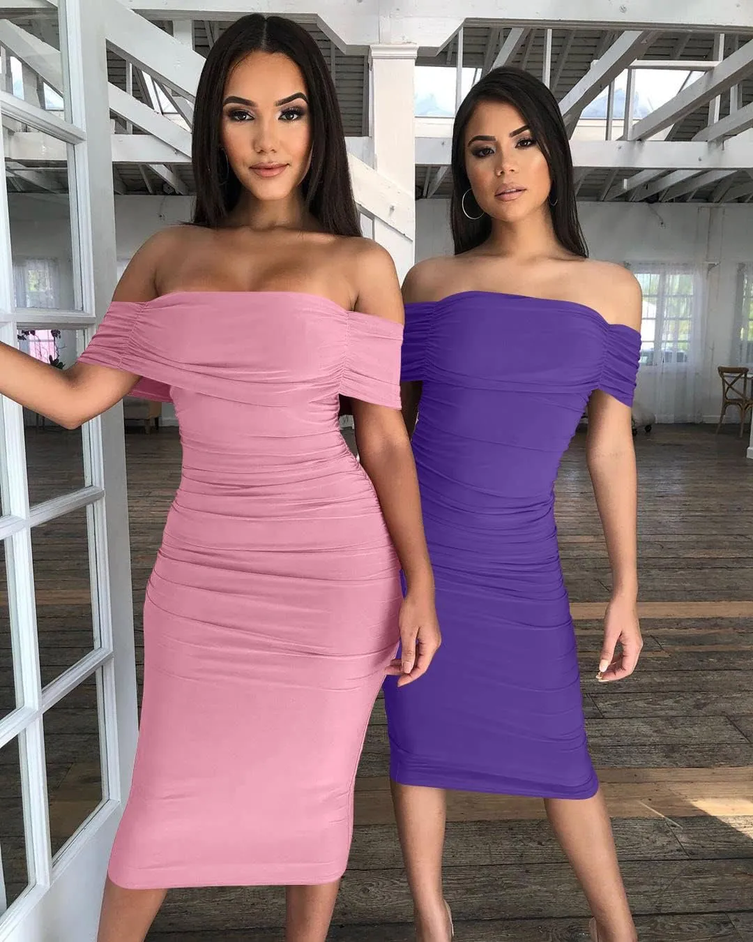 GOBLES Women's Ruched Off Shoulder Short Sleeve Bodycon Midi Elegant Cocktail Party Dress