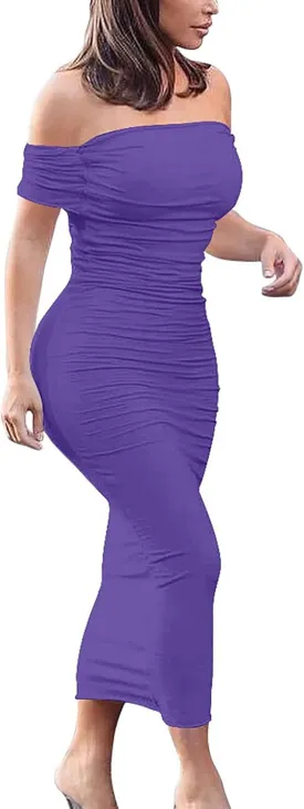 GOBLES Women's Ruched Off Shoulder Short Sleeve Bodycon Midi Elegant Cocktail Party Dress
