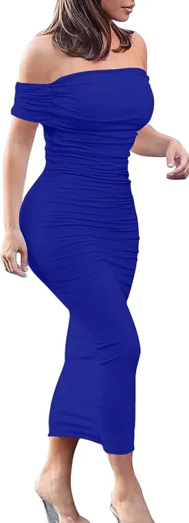 GOBLES Women's Ruched Off Shoulder Short Sleeve Bodycon Midi Elegant Cocktail Party Dress