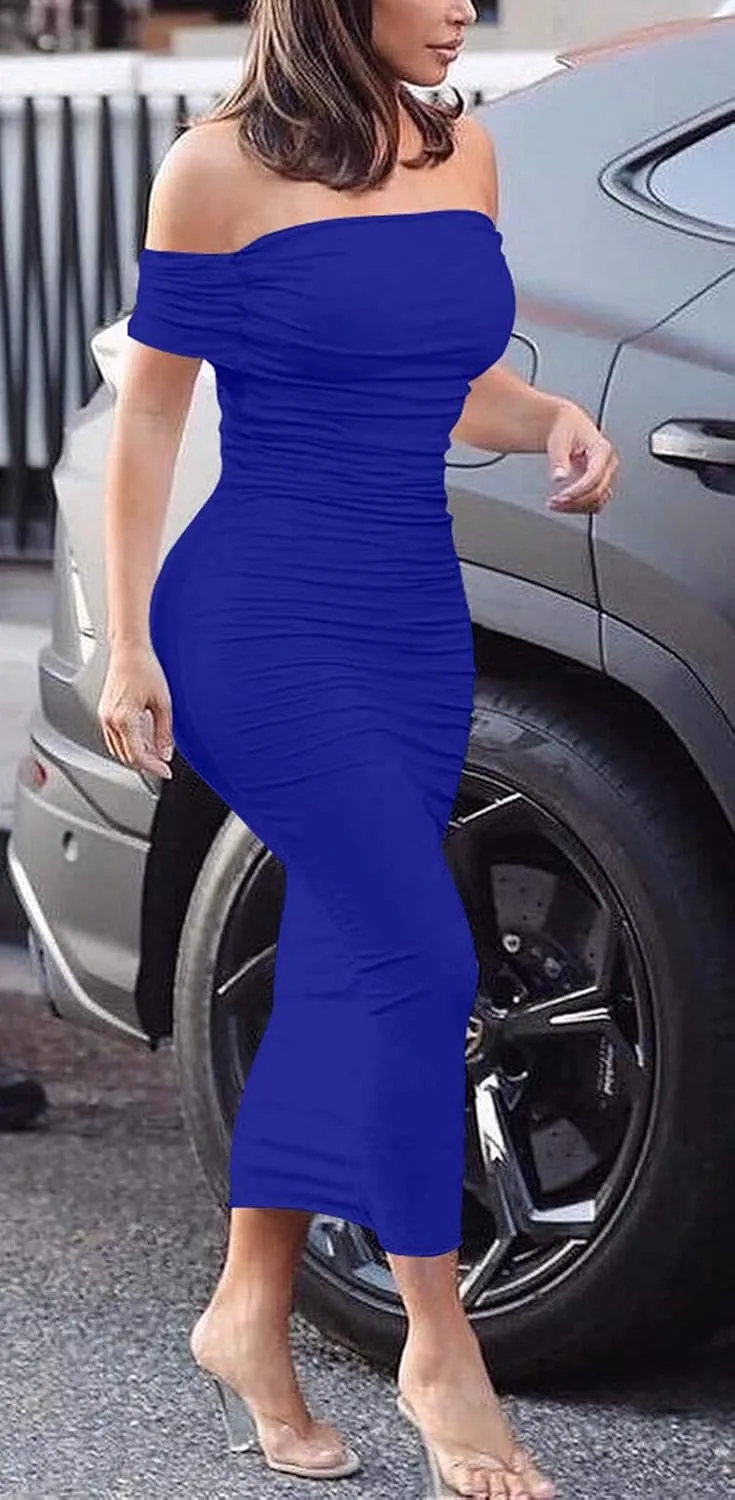 GOBLES Women's Ruched Off Shoulder Short Sleeve Bodycon Midi Elegant Cocktail Party Dress