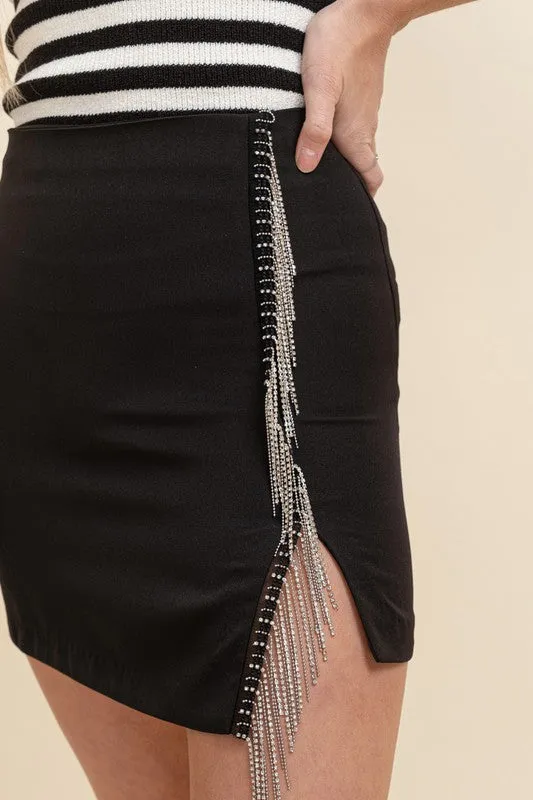 Good Times Rhinestone Fringe Skirt - Black