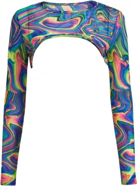 GORGLITTER Women's Y2K Reflective Rave Super Crop Tops Mesh Long Sleeve Graphic Festival Tee Top