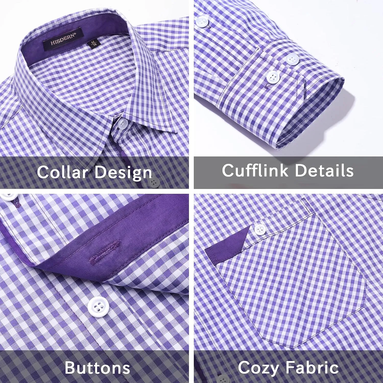 HISDERN Mens Plaid Button Down Shirt Long Sleeve Dress Shirts for Men Casual Wrinkle Free Regular Fit Work Shirt with Pocket