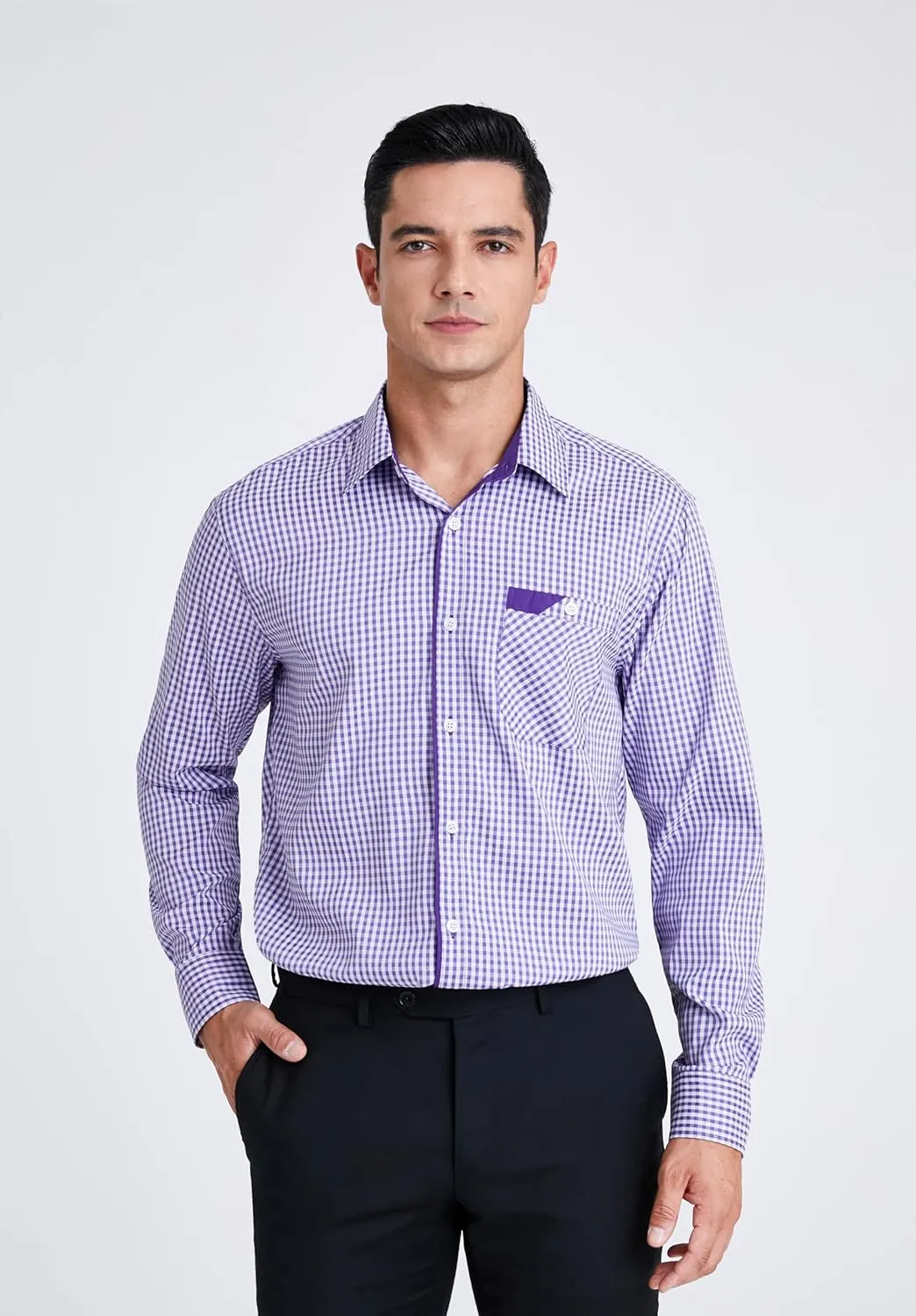 HISDERN Mens Plaid Button Down Shirt Long Sleeve Dress Shirts for Men Casual Wrinkle Free Regular Fit Work Shirt with Pocket