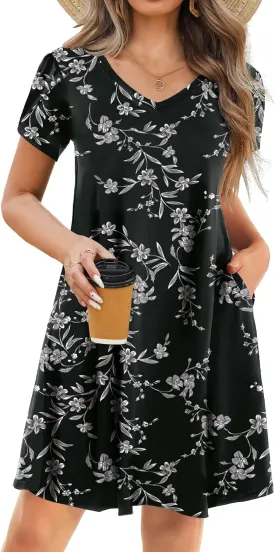HOTOUCH Womens Summer Floral Beach V Neck Dresses Short Sleeve T Shirt Sundresses with Pockets 2025 Hawaiian Vacation