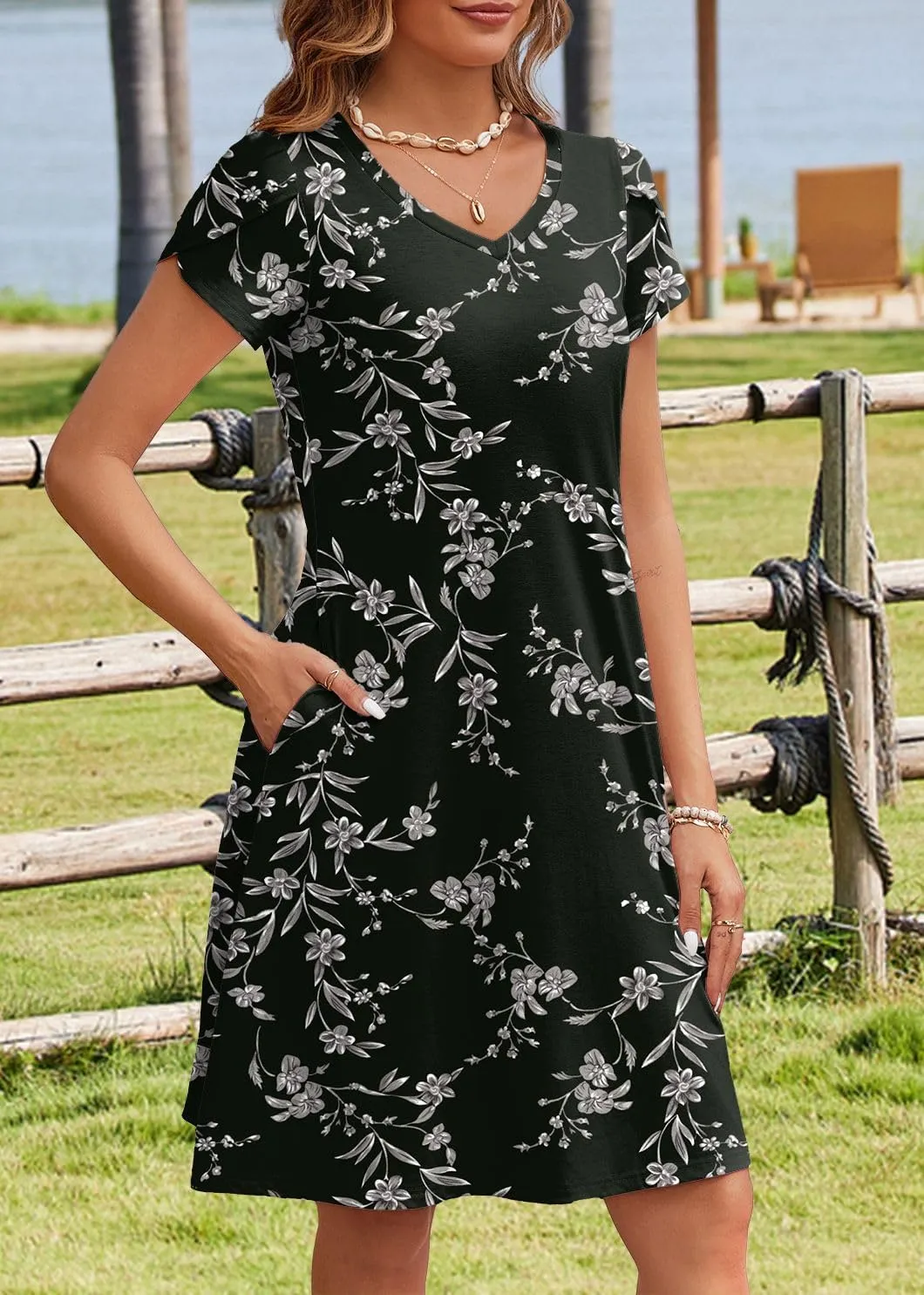 HOTOUCH Womens Summer Floral Beach V Neck Dresses Short Sleeve T Shirt Sundresses with Pockets 2025 Hawaiian Vacation