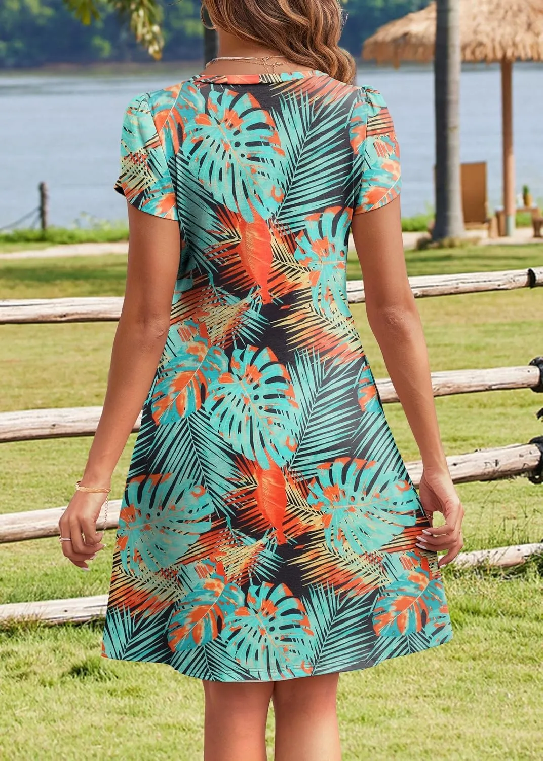 HOTOUCH Womens Summer Floral Beach V Neck Dresses Short Sleeve T Shirt Sundresses with Pockets 2025 Hawaiian Vacation