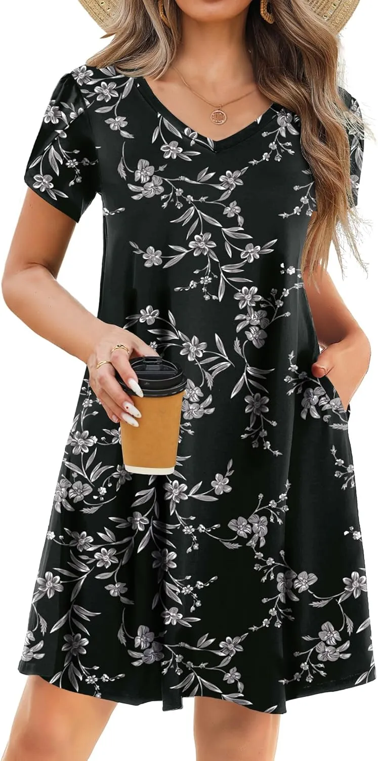 HOTOUCH Womens Summer Floral Beach V Neck Dresses Short Sleeve T Shirt Sundresses with Pockets 2025 Hawaiian Vacation