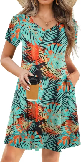 HOTOUCH Womens Summer Floral Beach V Neck Dresses Short Sleeve T Shirt Sundresses with Pockets 2025 Hawaiian Vacation