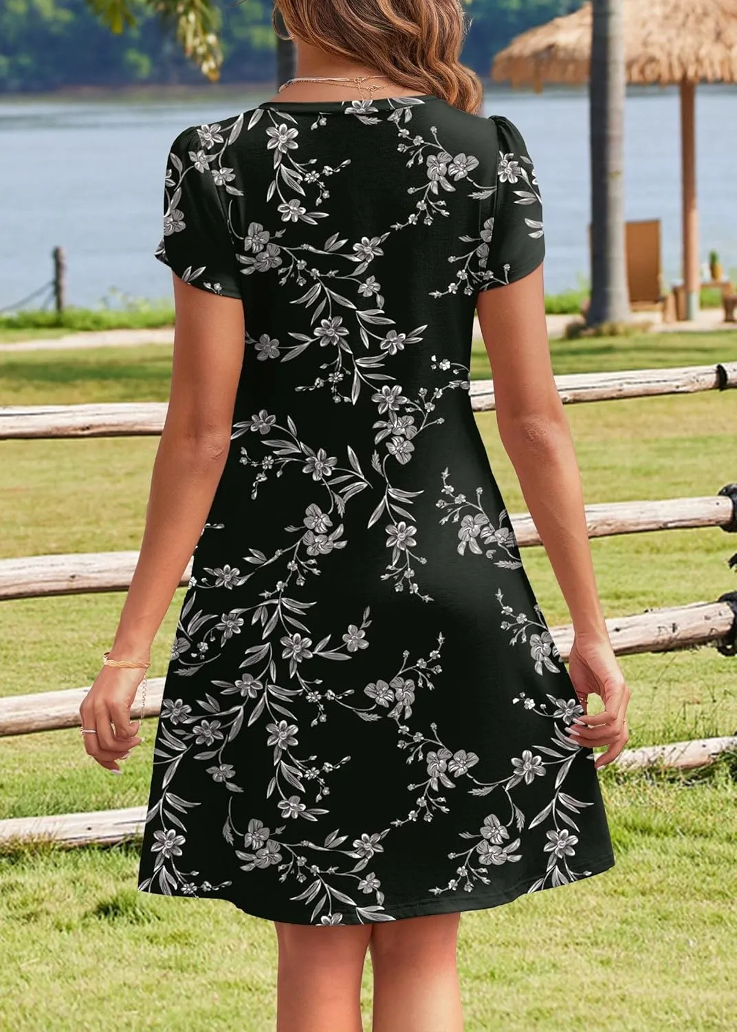 HOTOUCH Womens Summer Floral Beach V Neck Dresses Short Sleeve T Shirt Sundresses with Pockets 2025 Hawaiian Vacation