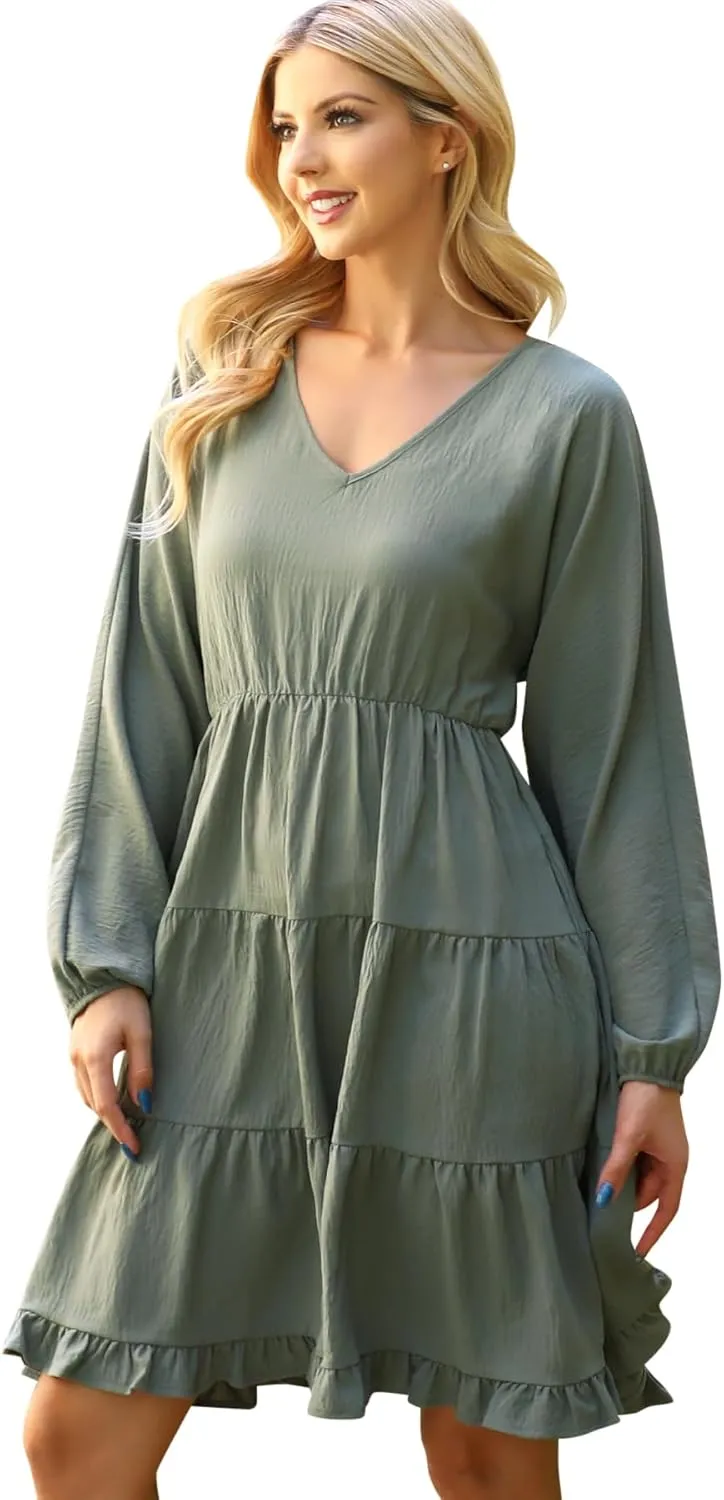 Jersey Shirred Tiered Ruffle Hem Midi Swing Dress - Pleated Flare Tunic Short, 3/4 Sleeve, Sleeveless Floral