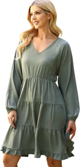 Jersey Shirred Tiered Ruffle Hem Midi Swing Dress - Pleated Flare Tunic Short, 3/4 Sleeve, Sleeveless Floral
