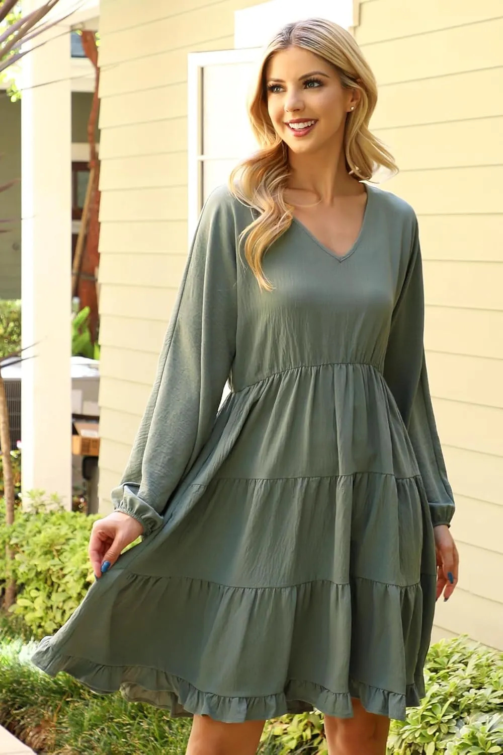 Jersey Shirred Tiered Ruffle Hem Midi Swing Dress - Pleated Flare Tunic Short, 3/4 Sleeve, Sleeveless Floral
