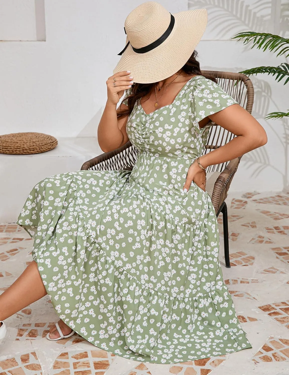 KOJOOIN Women Plus Size Summer Dress Short Sleeve Casual Floral Midi Sweetheart Neck Ruffle Dress