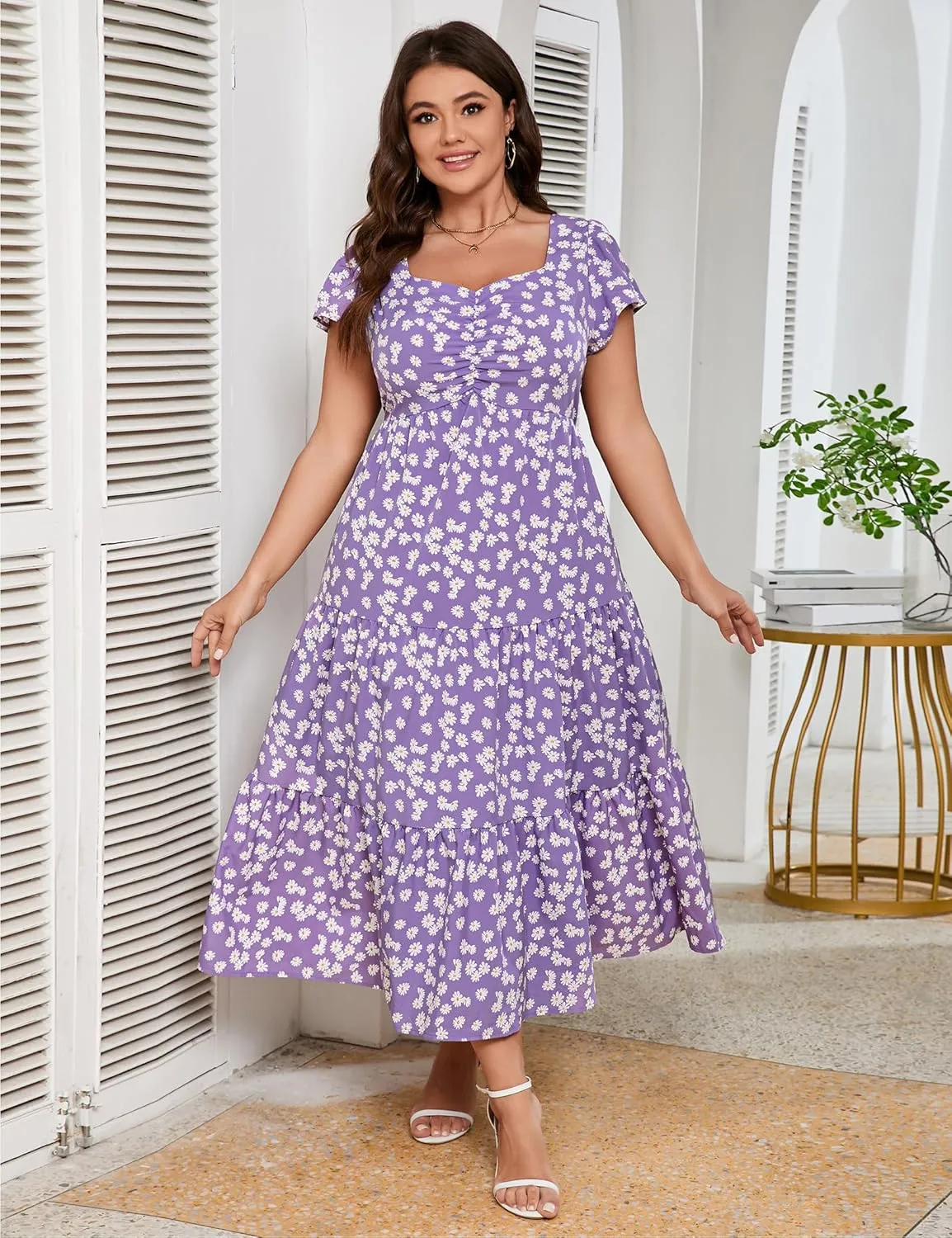 KOJOOIN Women Plus Size Summer Dress Short Sleeve Casual Floral Midi Sweetheart Neck Ruffle Dress