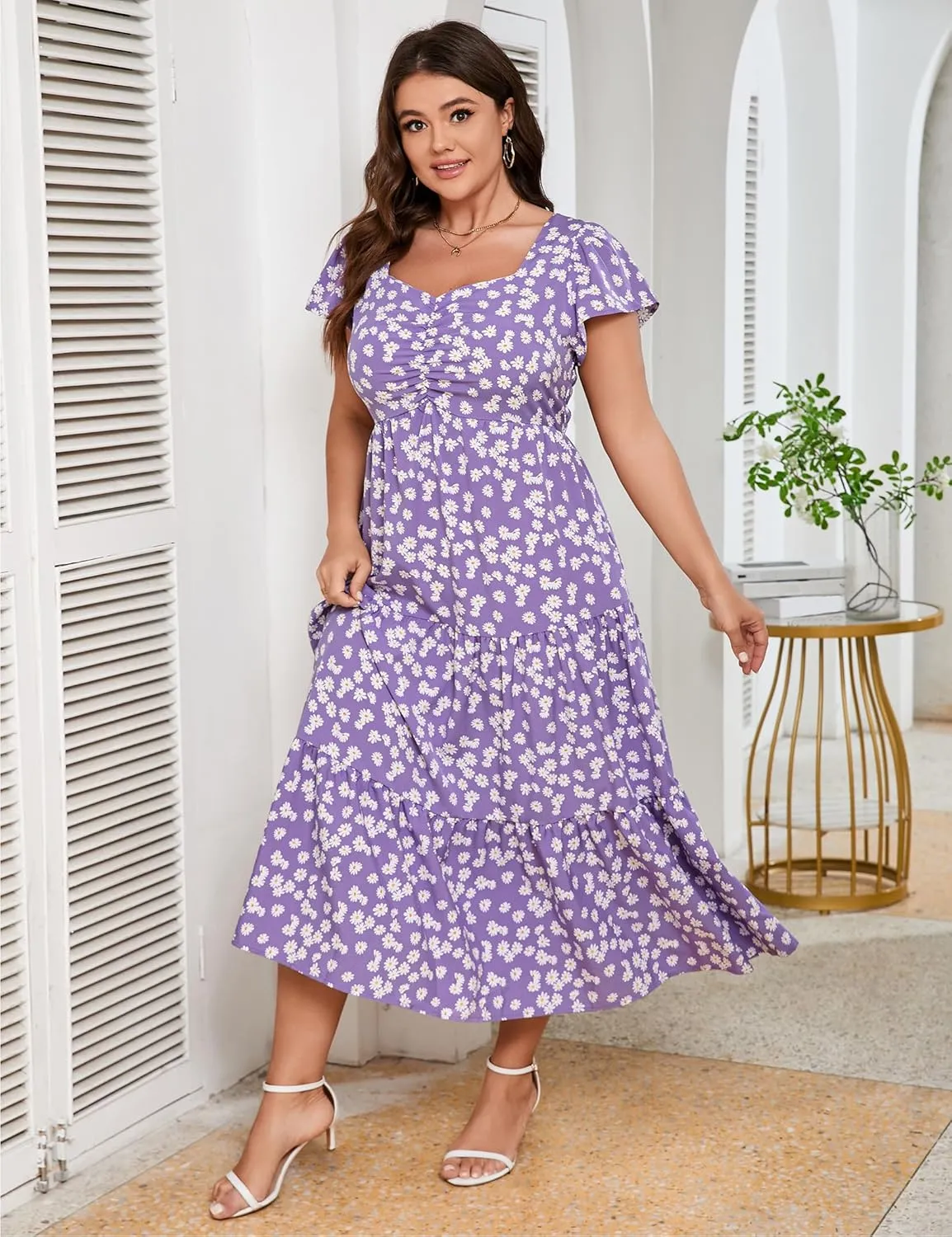 KOJOOIN Women Plus Size Summer Dress Short Sleeve Casual Floral Midi Sweetheart Neck Ruffle Dress