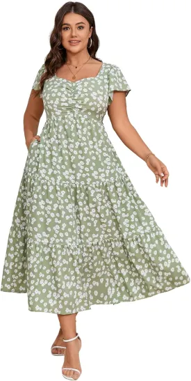 KOJOOIN Women Plus Size Summer Dress Short Sleeve Casual Floral Midi Sweetheart Neck Ruffle Dress