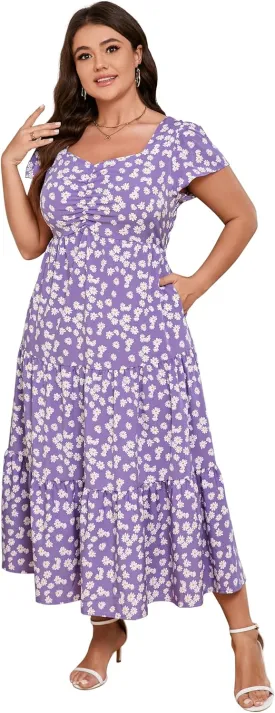 KOJOOIN Women Plus Size Summer Dress Short Sleeve Casual Floral Midi Sweetheart Neck Ruffle Dress