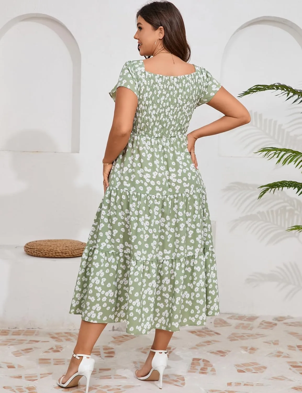 KOJOOIN Women Plus Size Summer Dress Short Sleeve Casual Floral Midi Sweetheart Neck Ruffle Dress
