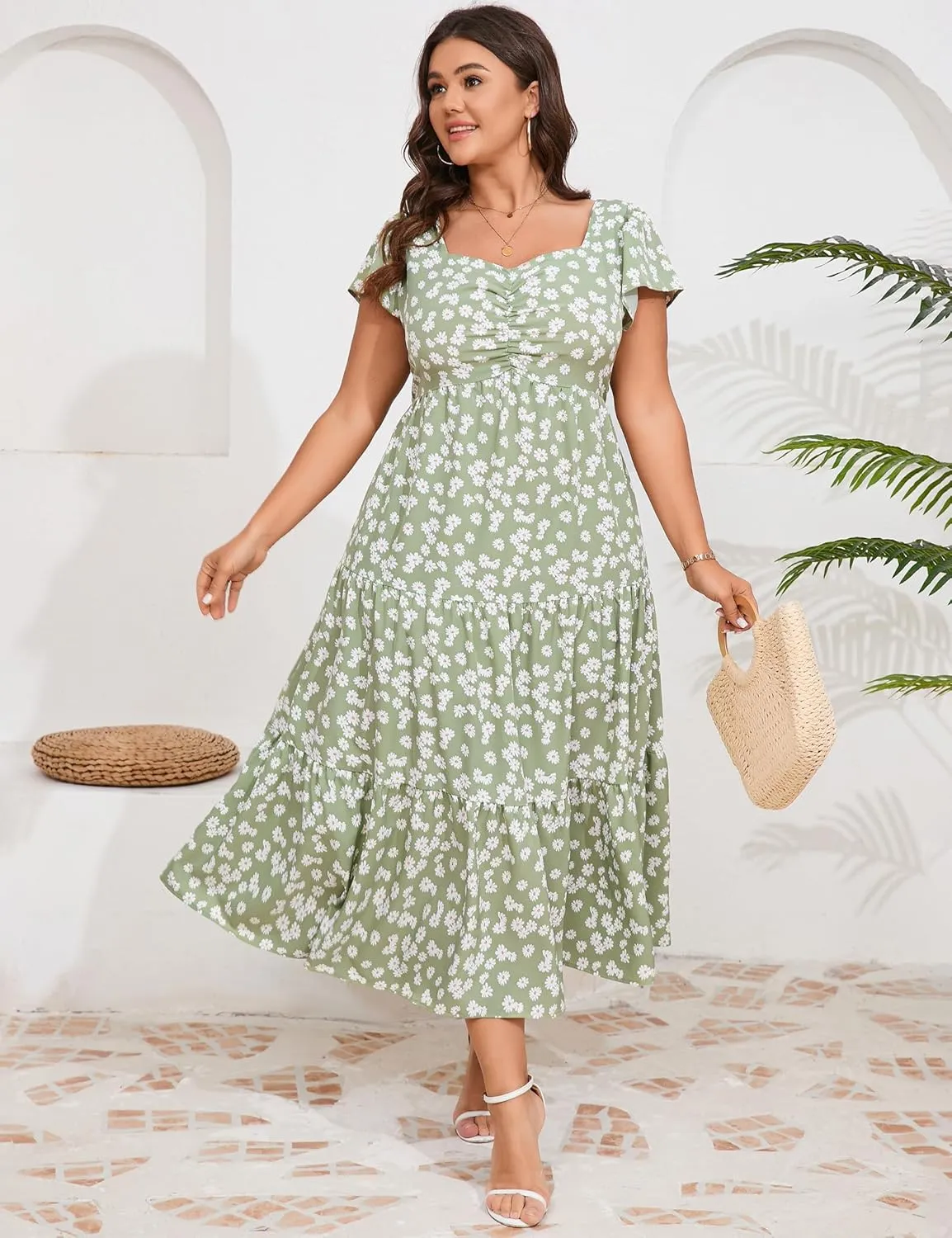 KOJOOIN Women Plus Size Summer Dress Short Sleeve Casual Floral Midi Sweetheart Neck Ruffle Dress