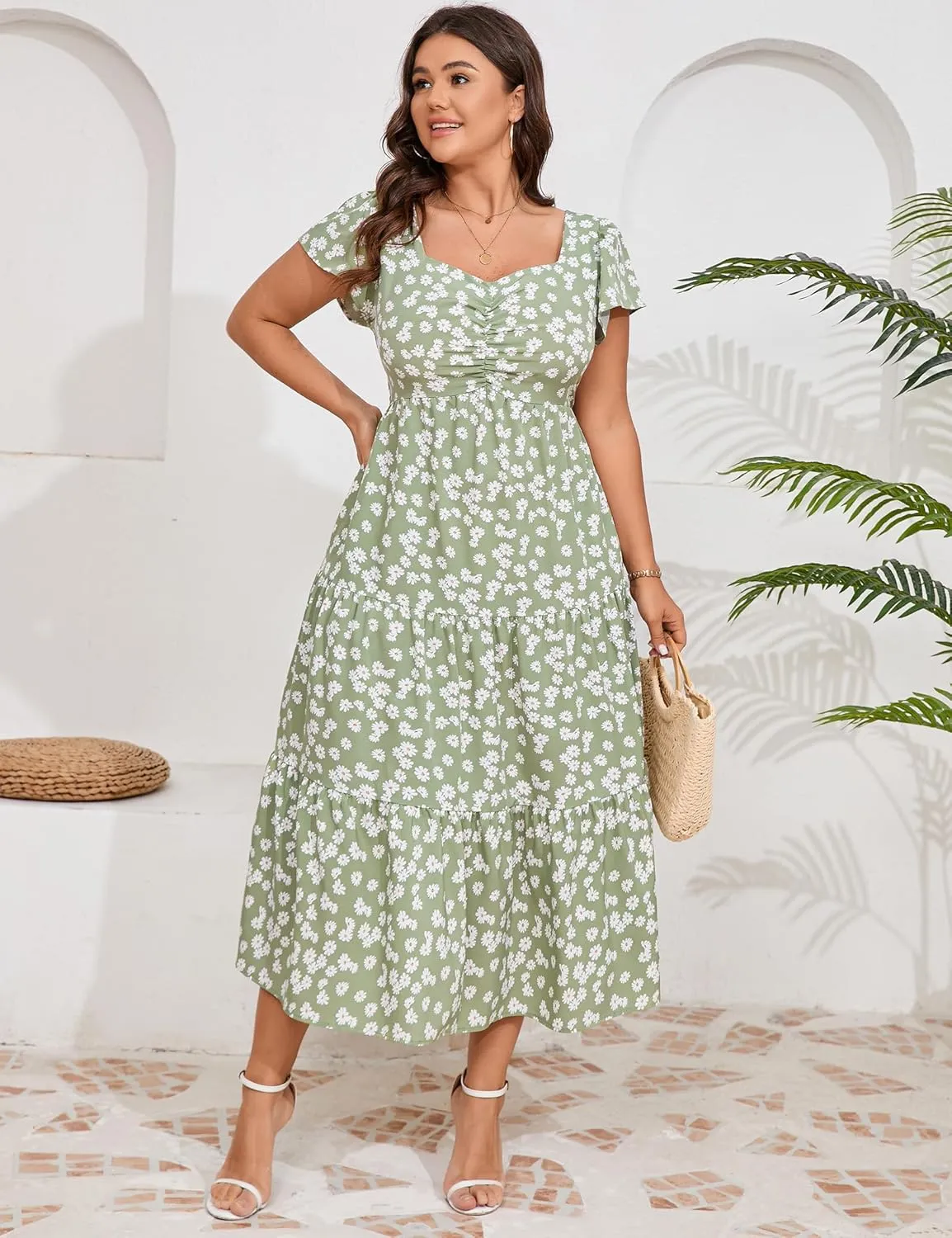 KOJOOIN Women Plus Size Summer Dress Short Sleeve Casual Floral Midi Sweetheart Neck Ruffle Dress