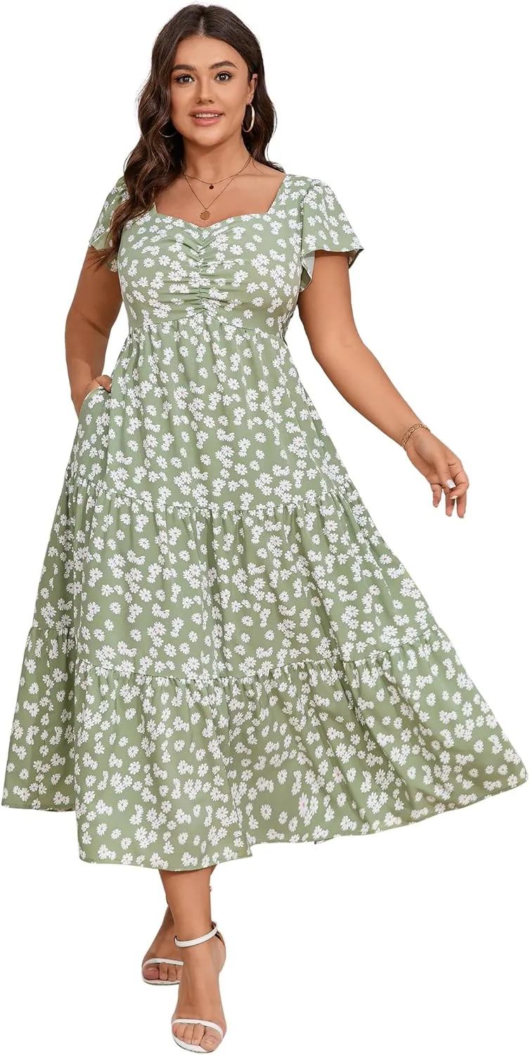 KOJOOIN Women Plus Size Summer Dress Short Sleeve Casual Floral Midi Sweetheart Neck Ruffle Dress