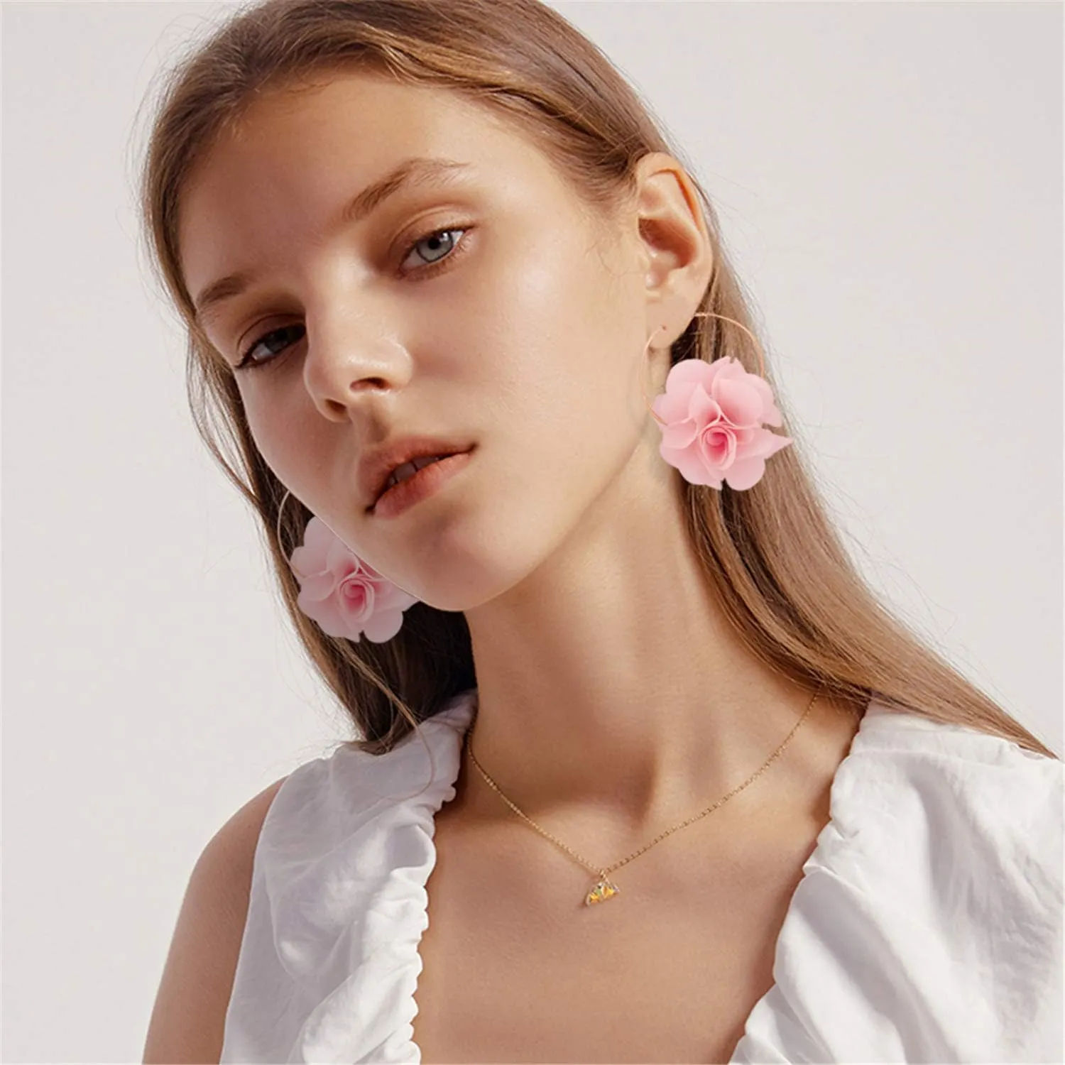 Lightweight Bohemian Big Fabric Flowers Dangle Drop Earrings Handmade Charm Chic Petal Hoop Earrings with Chiffon Floral Tassel for Women Vacation Wedding