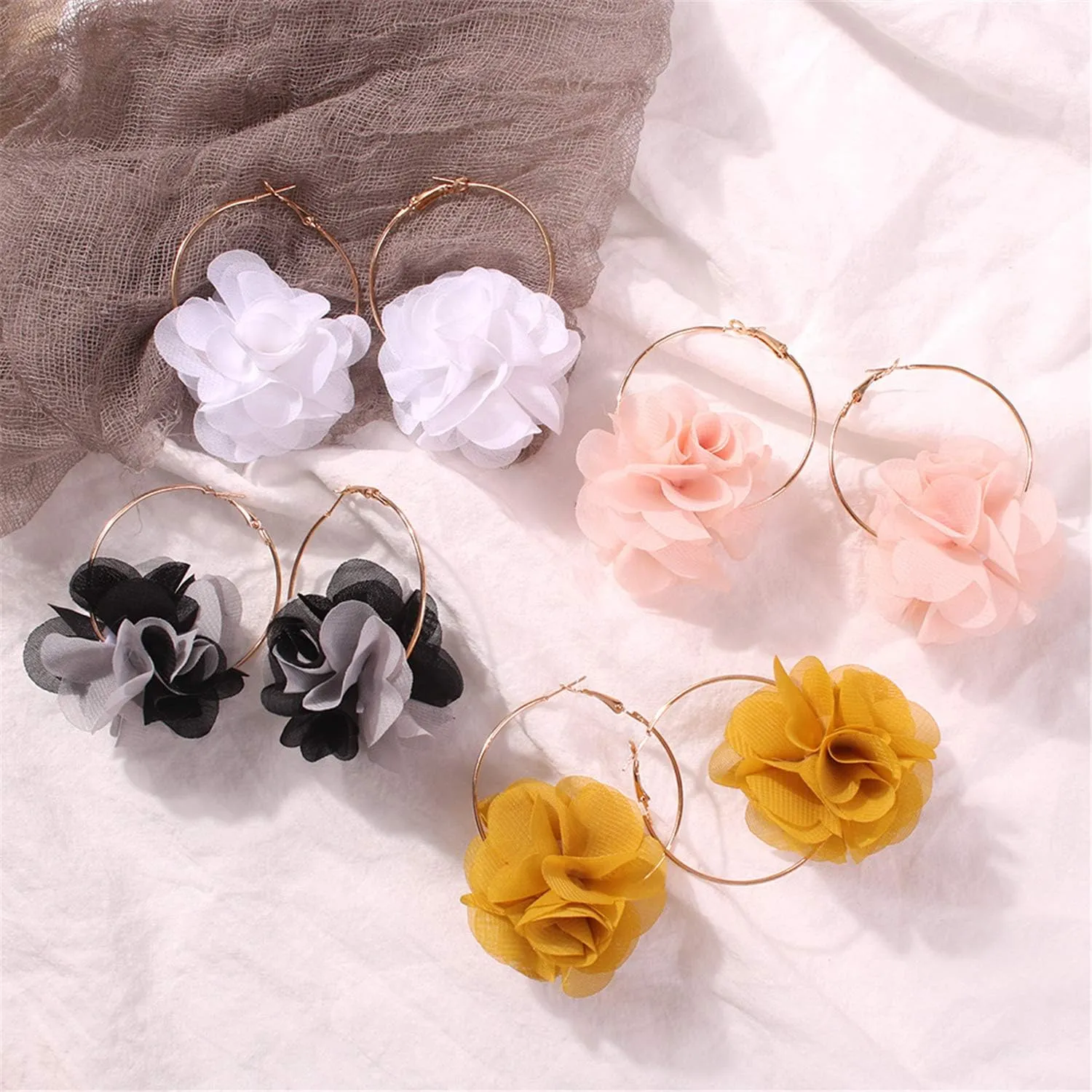 Lightweight Bohemian Big Fabric Flowers Dangle Drop Earrings Handmade Charm Chic Petal Hoop Earrings with Chiffon Floral Tassel for Women Vacation Wedding