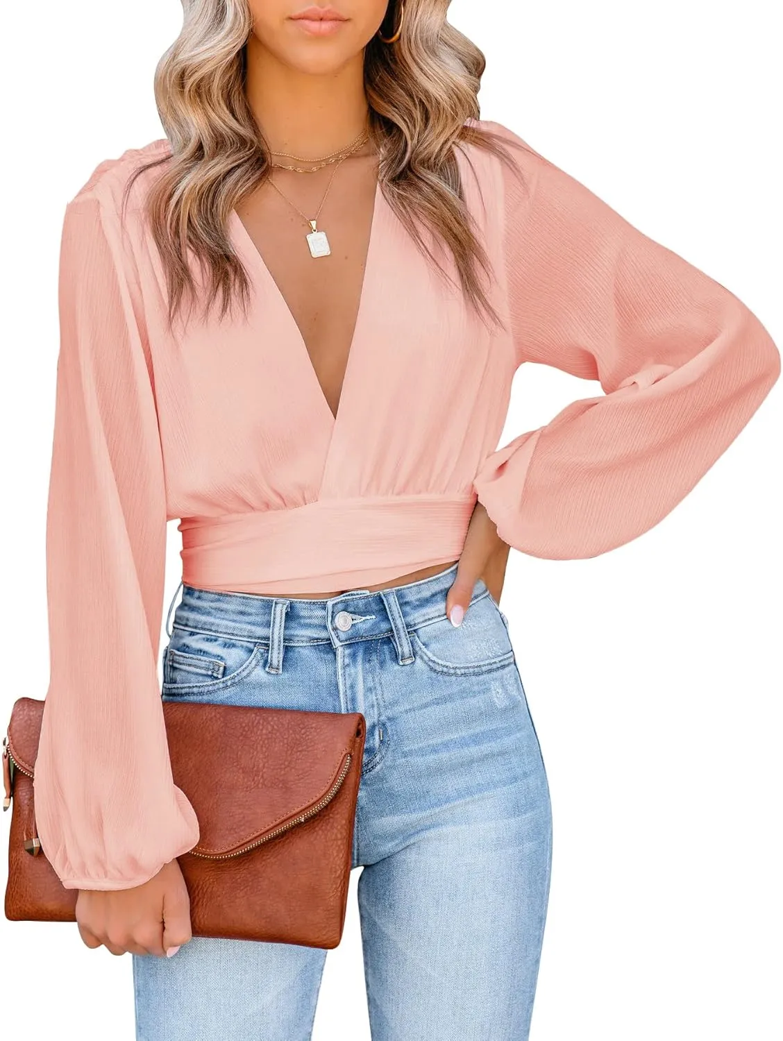 LYANER Women's Deep V Neck Long Sleeve Tie Front Knot Sexy Wrap Crop Top Blouse