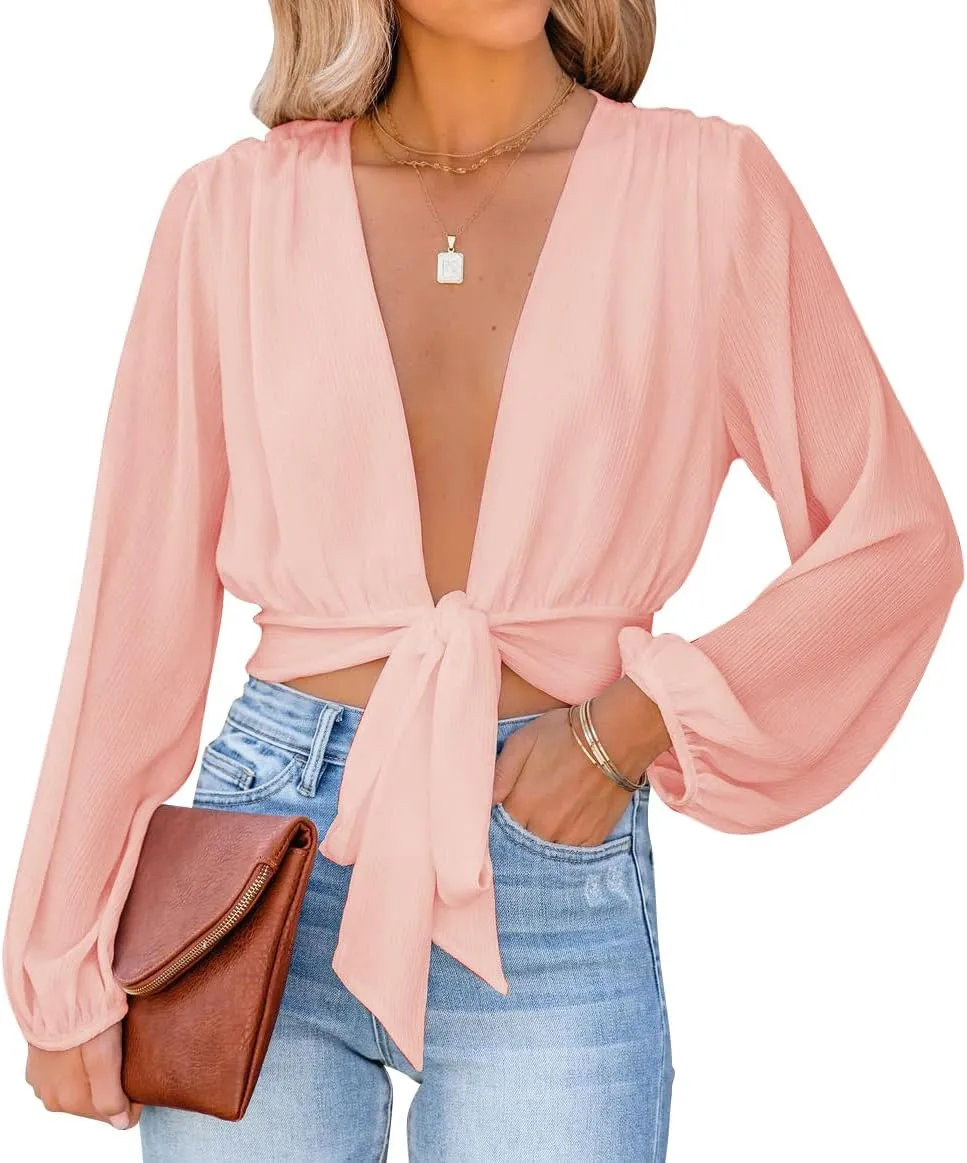 LYANER Women's Deep V Neck Long Sleeve Tie Front Knot Sexy Wrap Crop Top Blouse